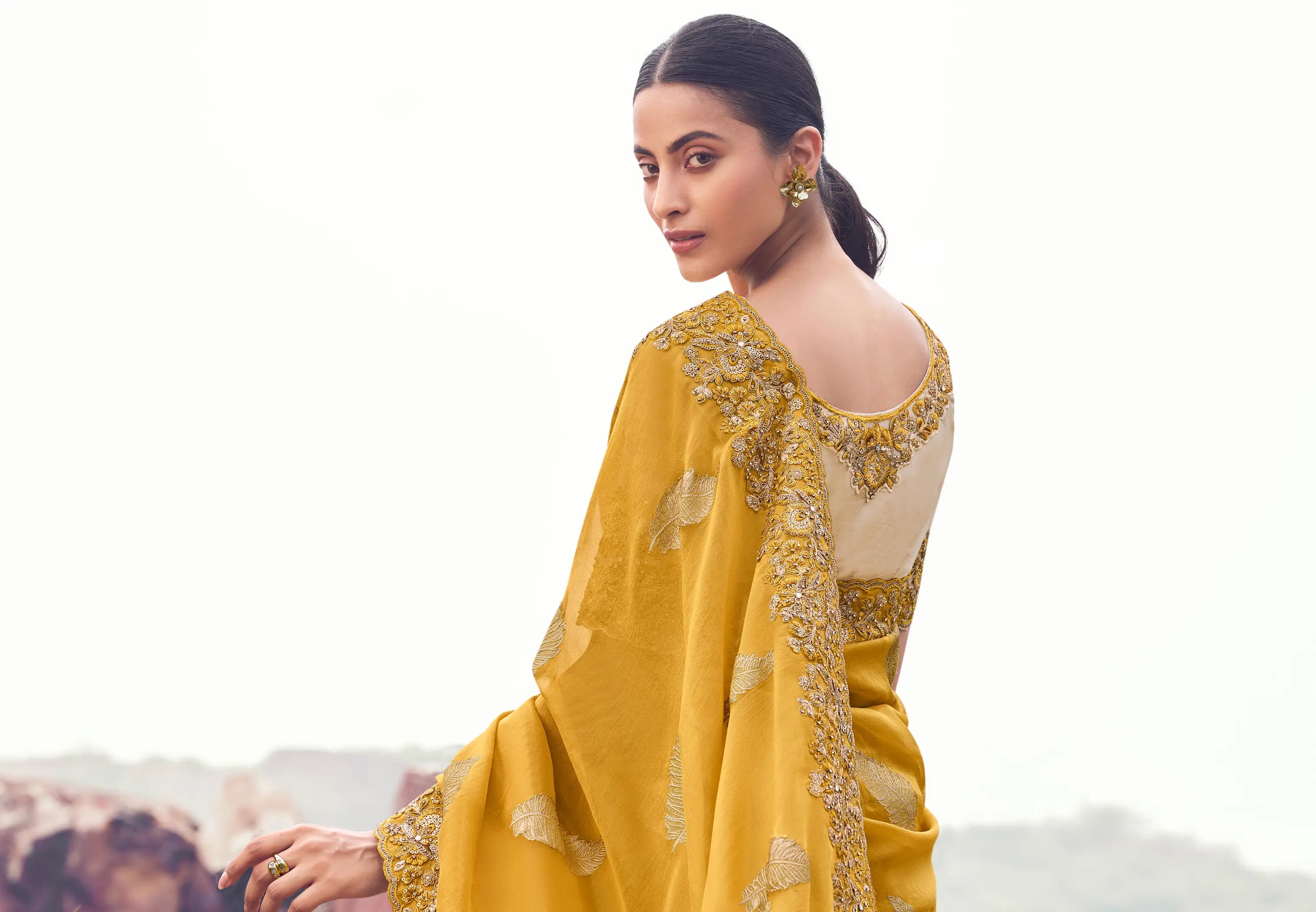 Amber Yellow Silk Heavy Embroidery & Hand Work Saree