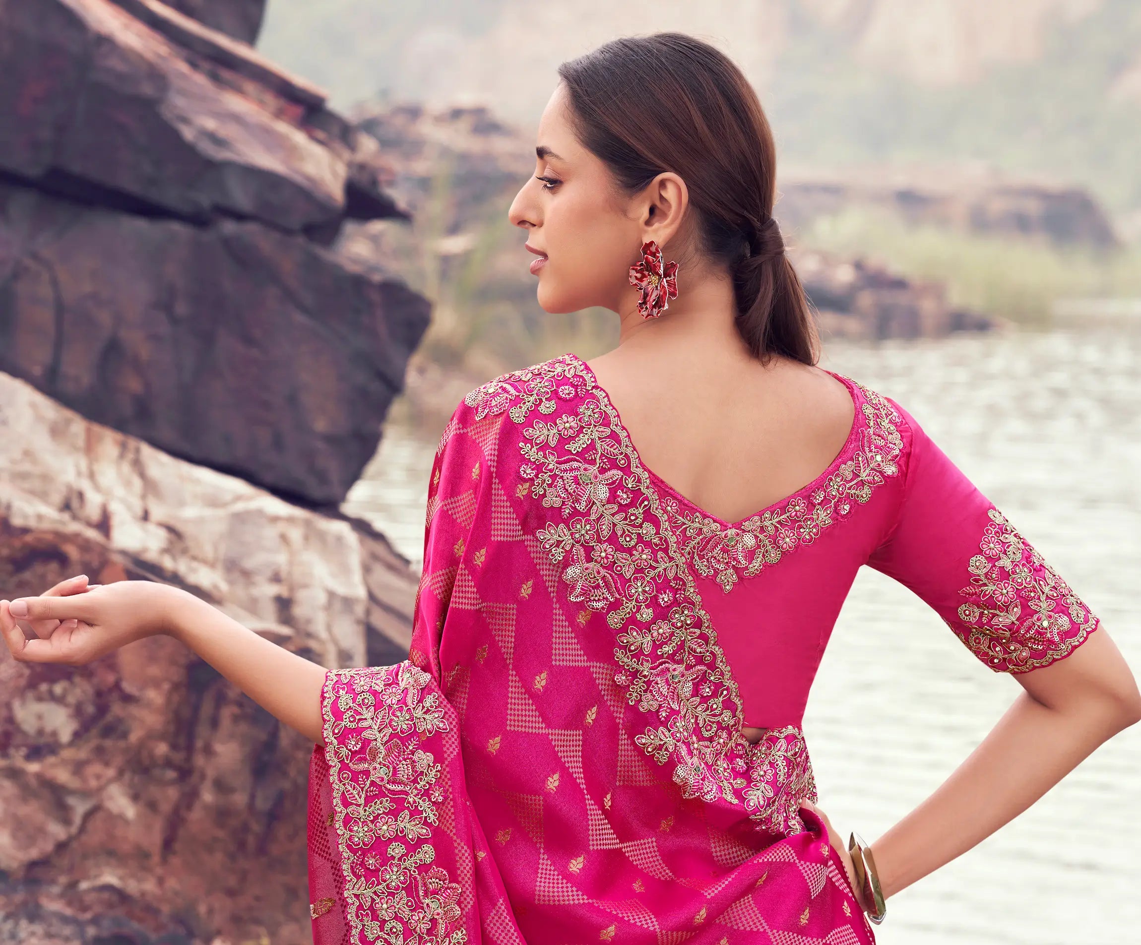 Rani Pink Silk Heavy Embroidery & Hand Work Saree