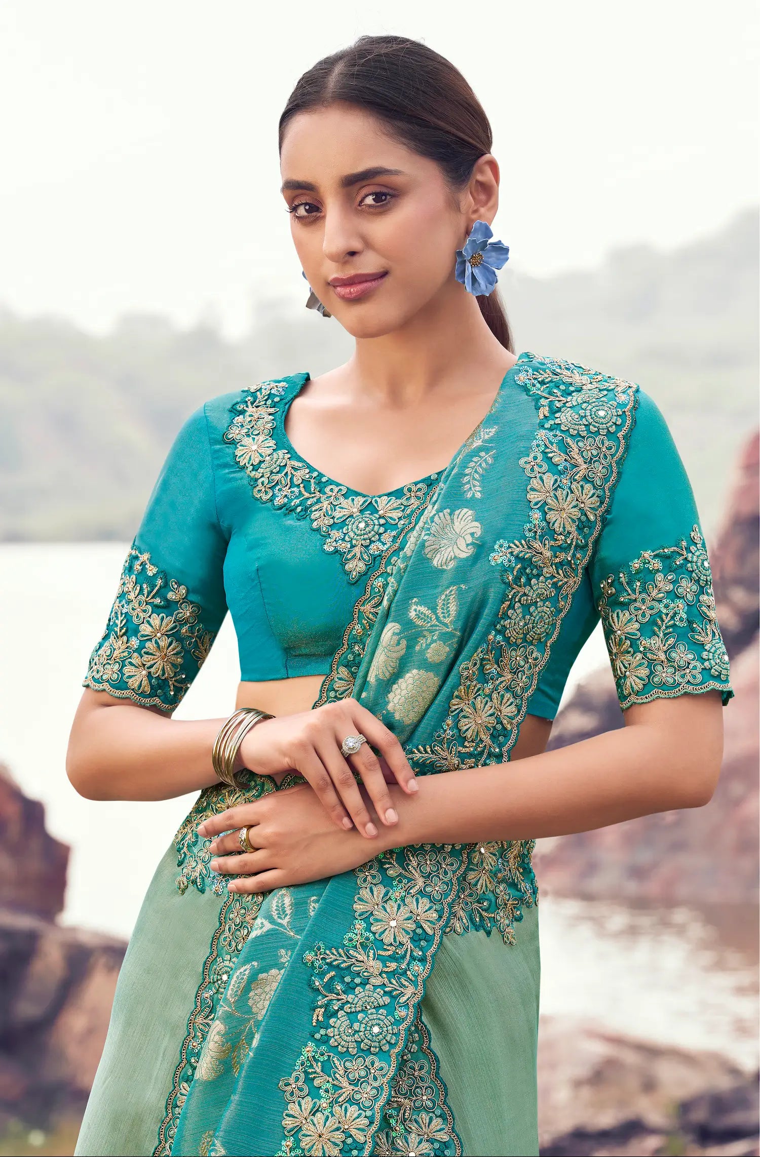 Shaded Blue Silk Heavy Embroidery & Hand Work Saree