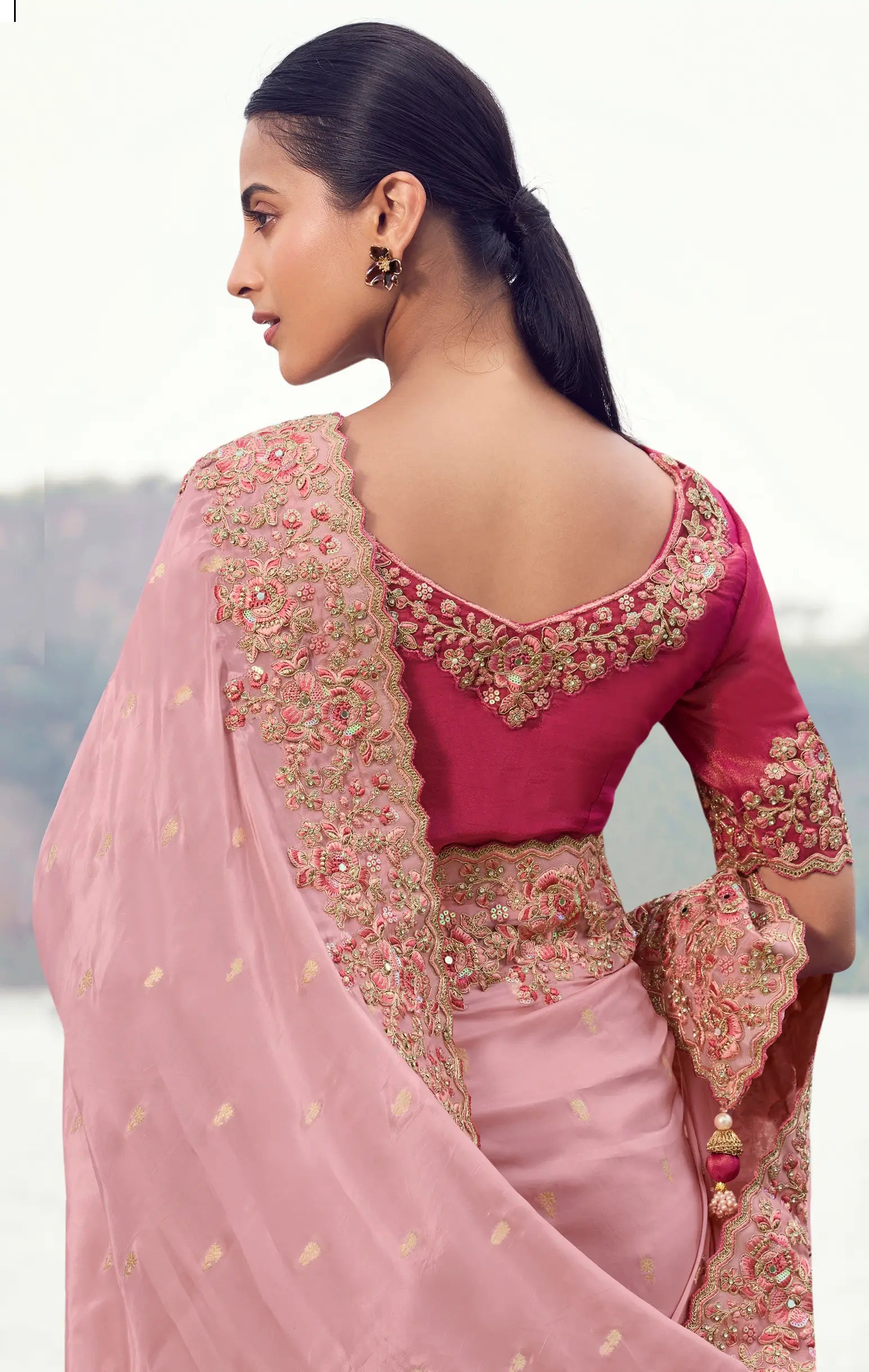 Blossom Pink Silk Heavy Embroidery & Hand Work Saree