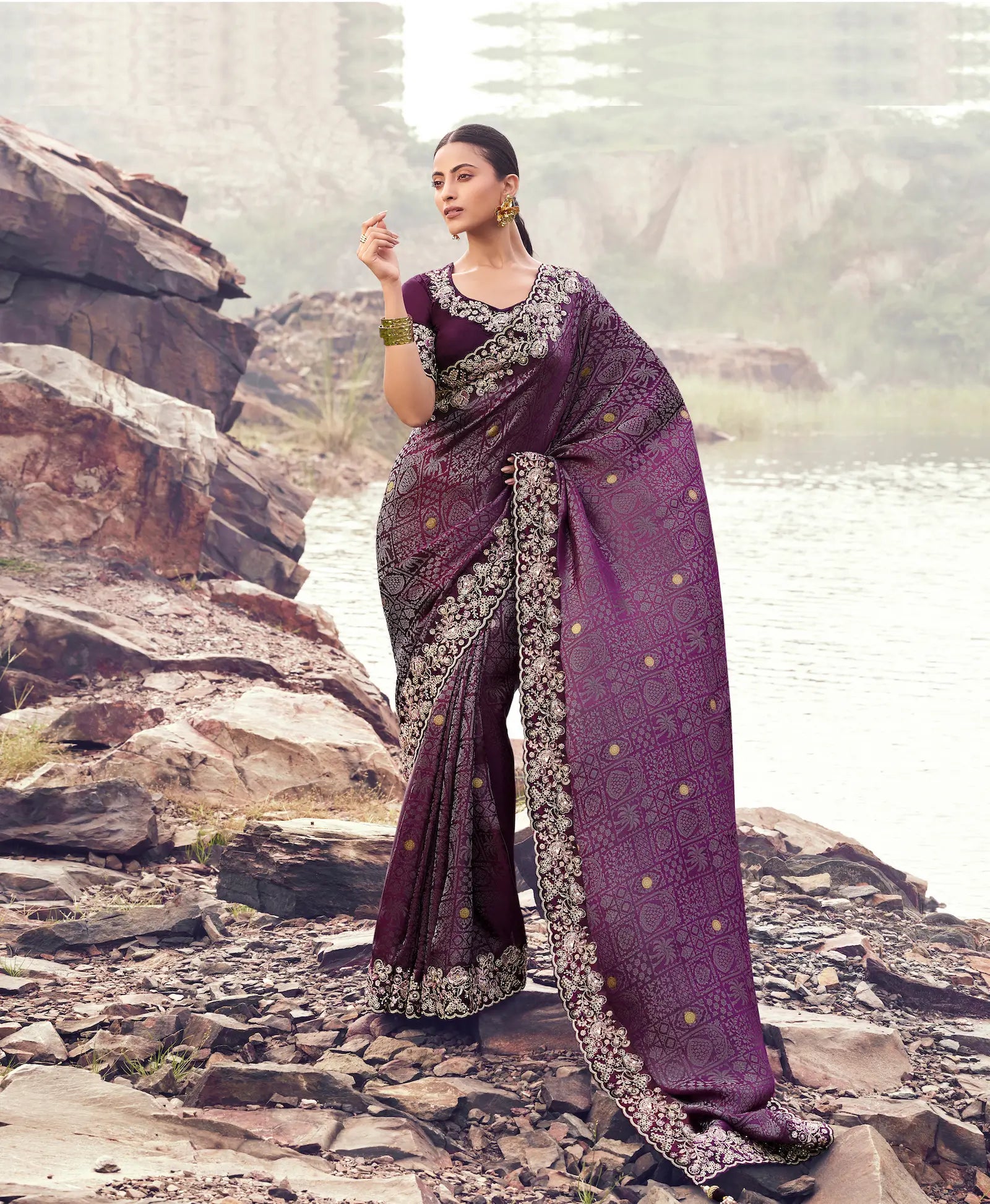 Wine Berry Silk Heavy Embroidery & Hand Work Saree