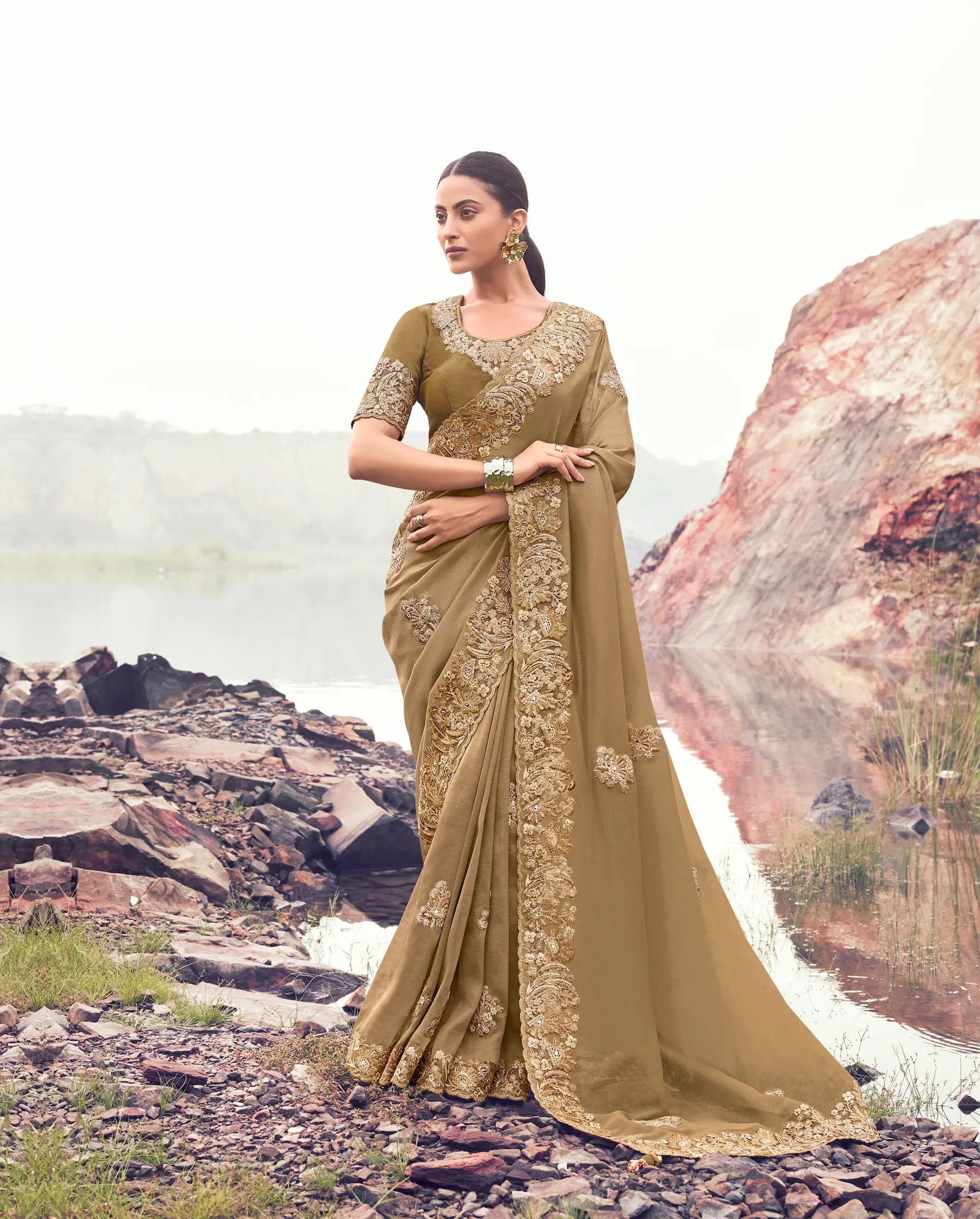 Golden Beige Silk Heavy Embroidery & Hand Work Saree