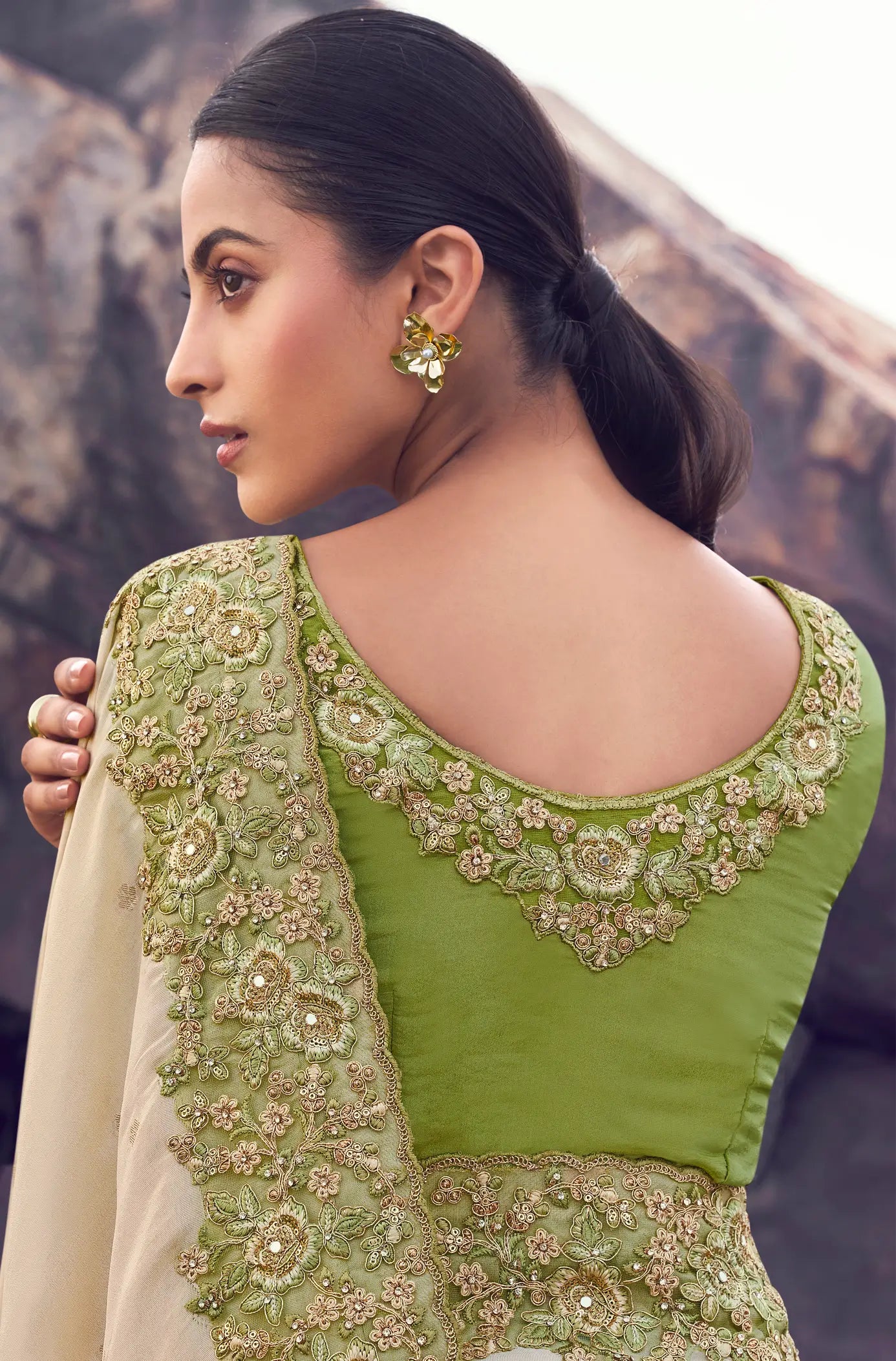Green-Beige Silk Heavy Embroidery & Hand Work Saree