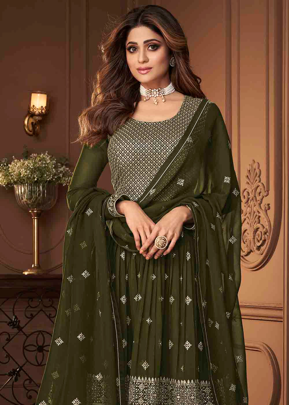 Juniper Green Designer Georgette Plazzo Suit with Sequin & Thread work - qivii