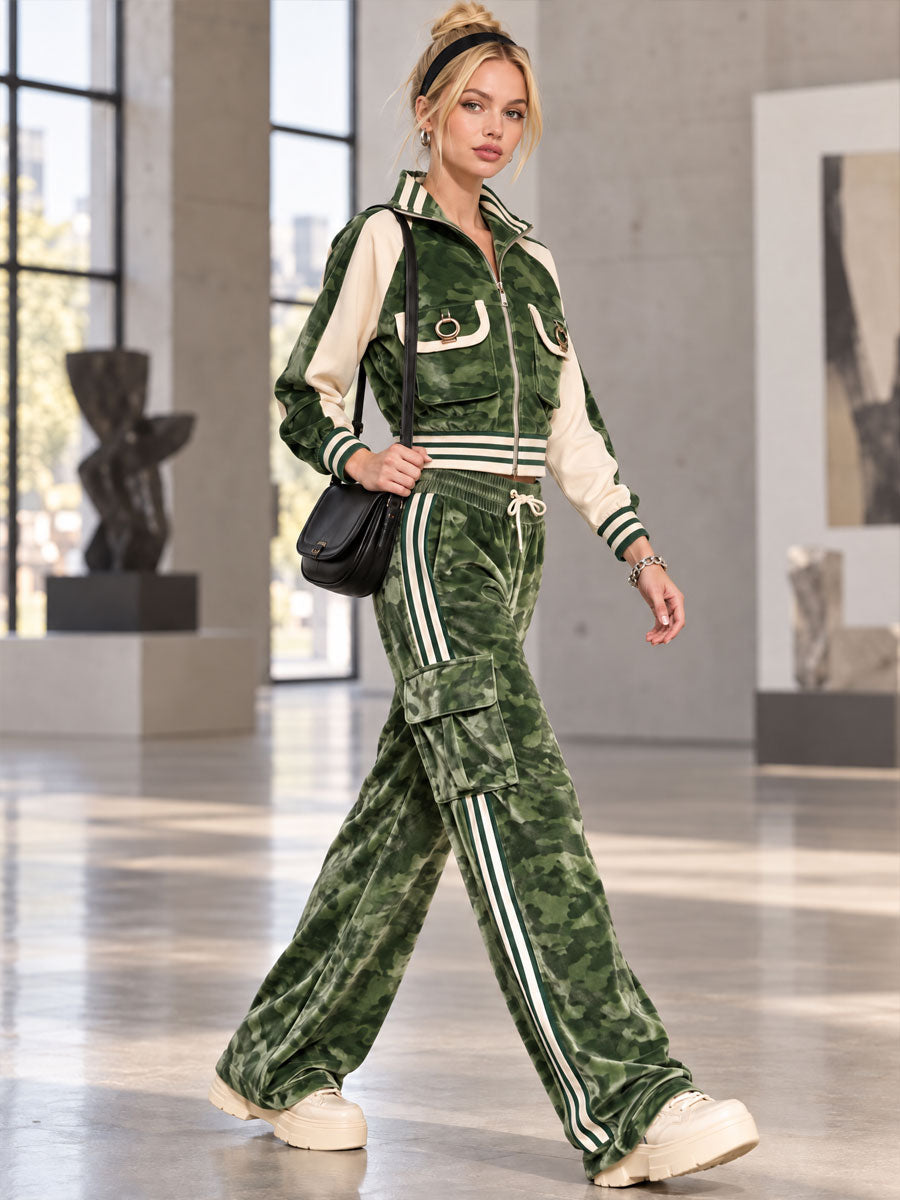 Stylish Retro Green Camouflage Velvet Print Jacket And Pants Set - By Qivii