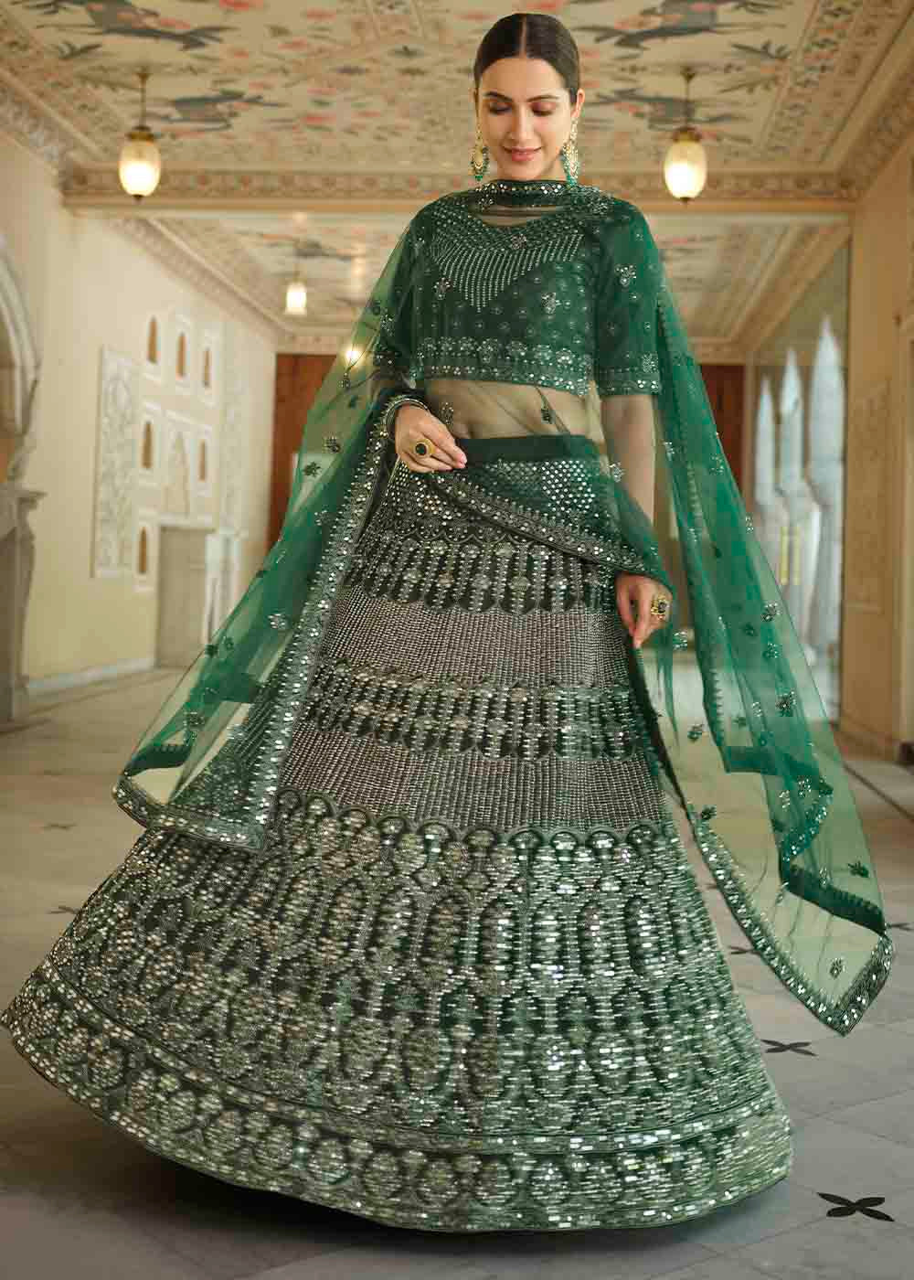 Bottle Green Soft Net Lehenga Choli with Dori & Mirror work | Ready To Wear - qivii