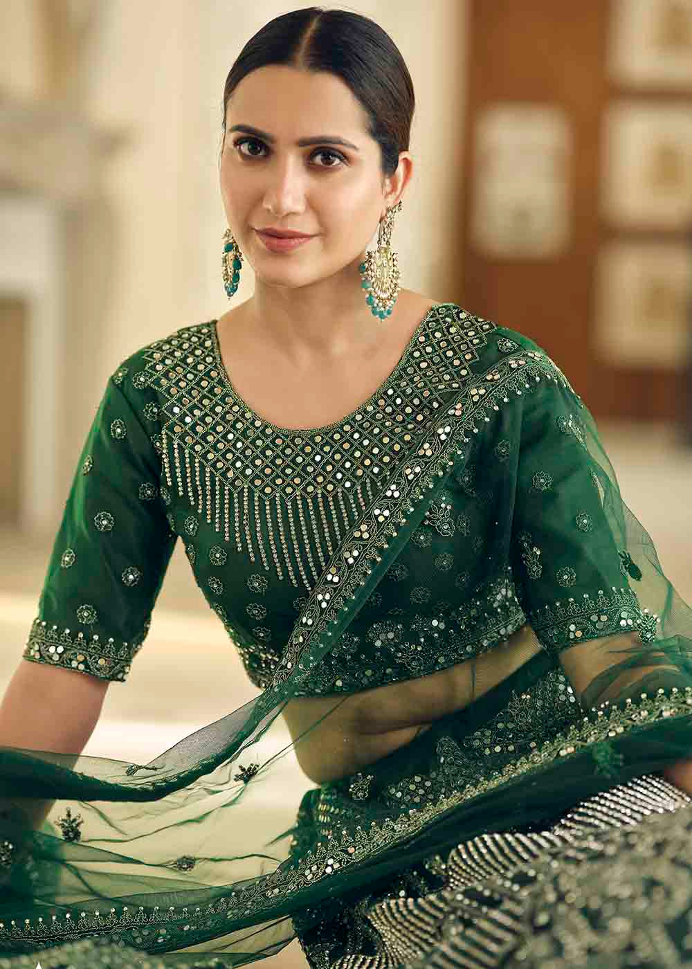Bottle Green Soft Net Lehenga Choli with Dori & Mirror work | Ready To Wear - qivii
