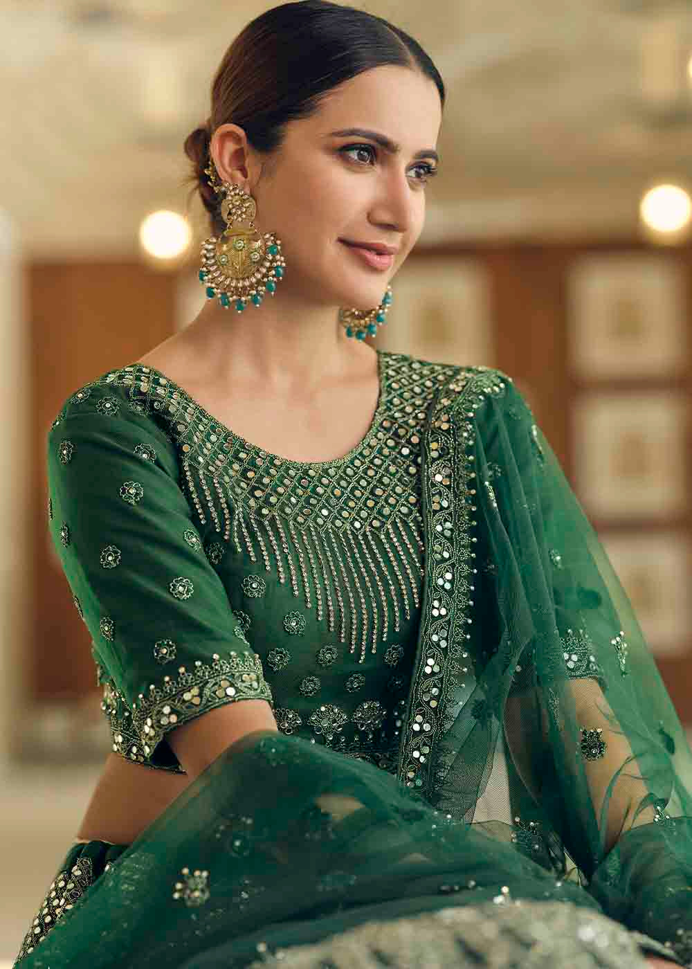 Bottle Green Soft Net Lehenga Choli with Dori & Mirror work | Ready To Wear - qivii