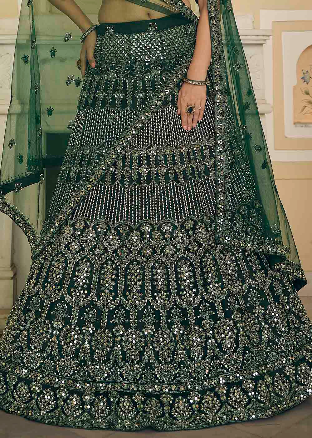 Bottle Green Soft Net Lehenga Choli with Dori & Mirror work | Ready To Wear - qivii