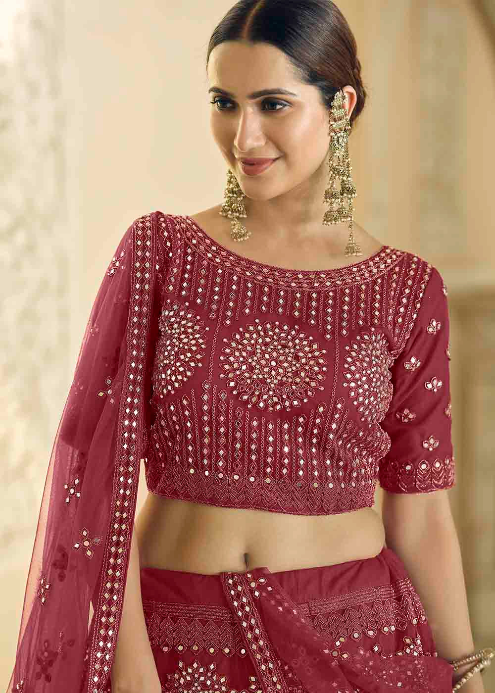 Burgandy Red Soft Net Lehenga Choli with Dori & Mirror work | Ready To Wear - qivii