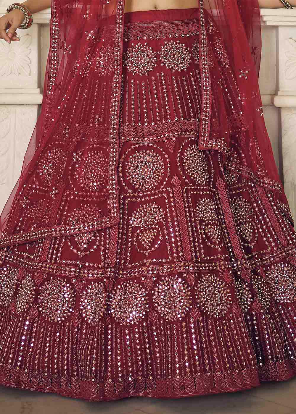 Burgandy Red Soft Net Lehenga Choli with Dori & Mirror work | Ready To Wear - qivii