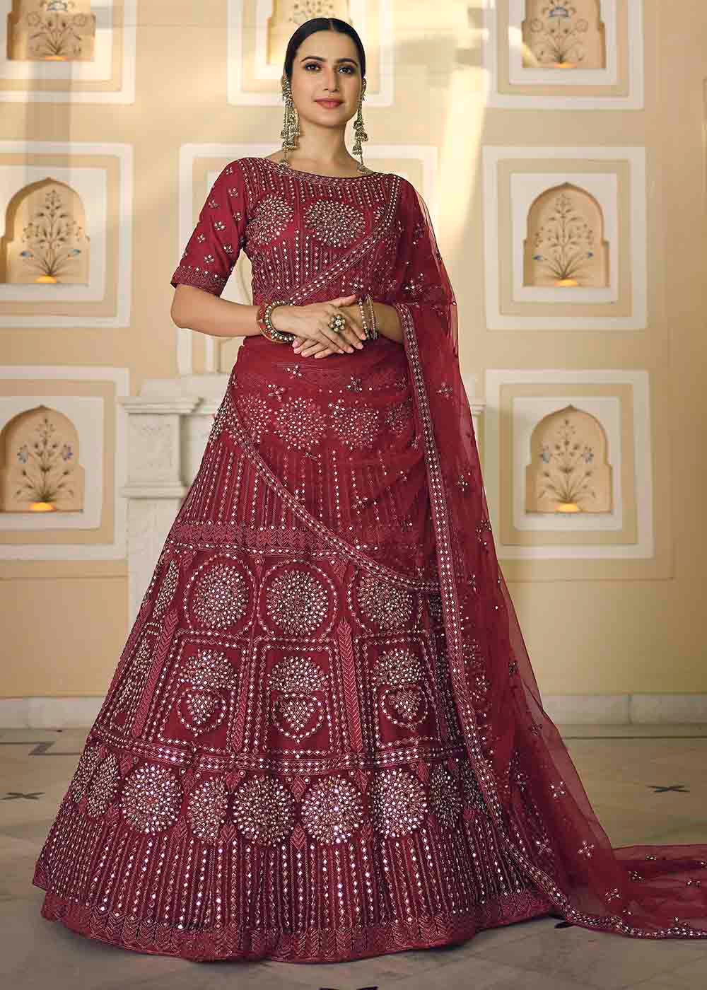 Burgandy Red Soft Net Lehenga Choli with Dori & Mirror work | Ready To Wear - qivii