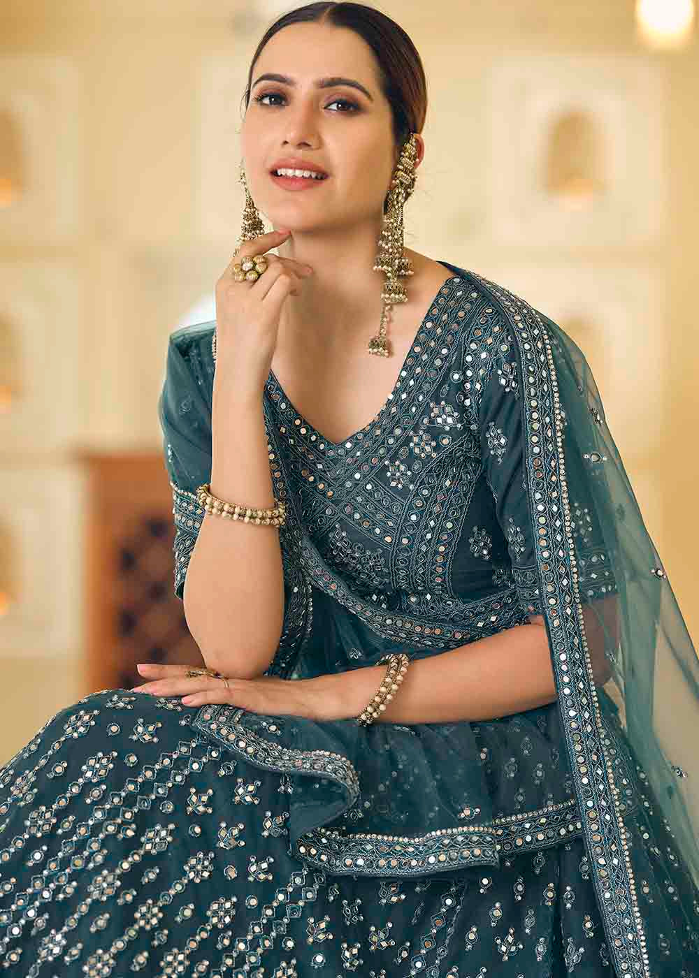 Rama Blue Soft Net Lehenga Choli with Dori & Mirror work | Ready To Wear - qivii