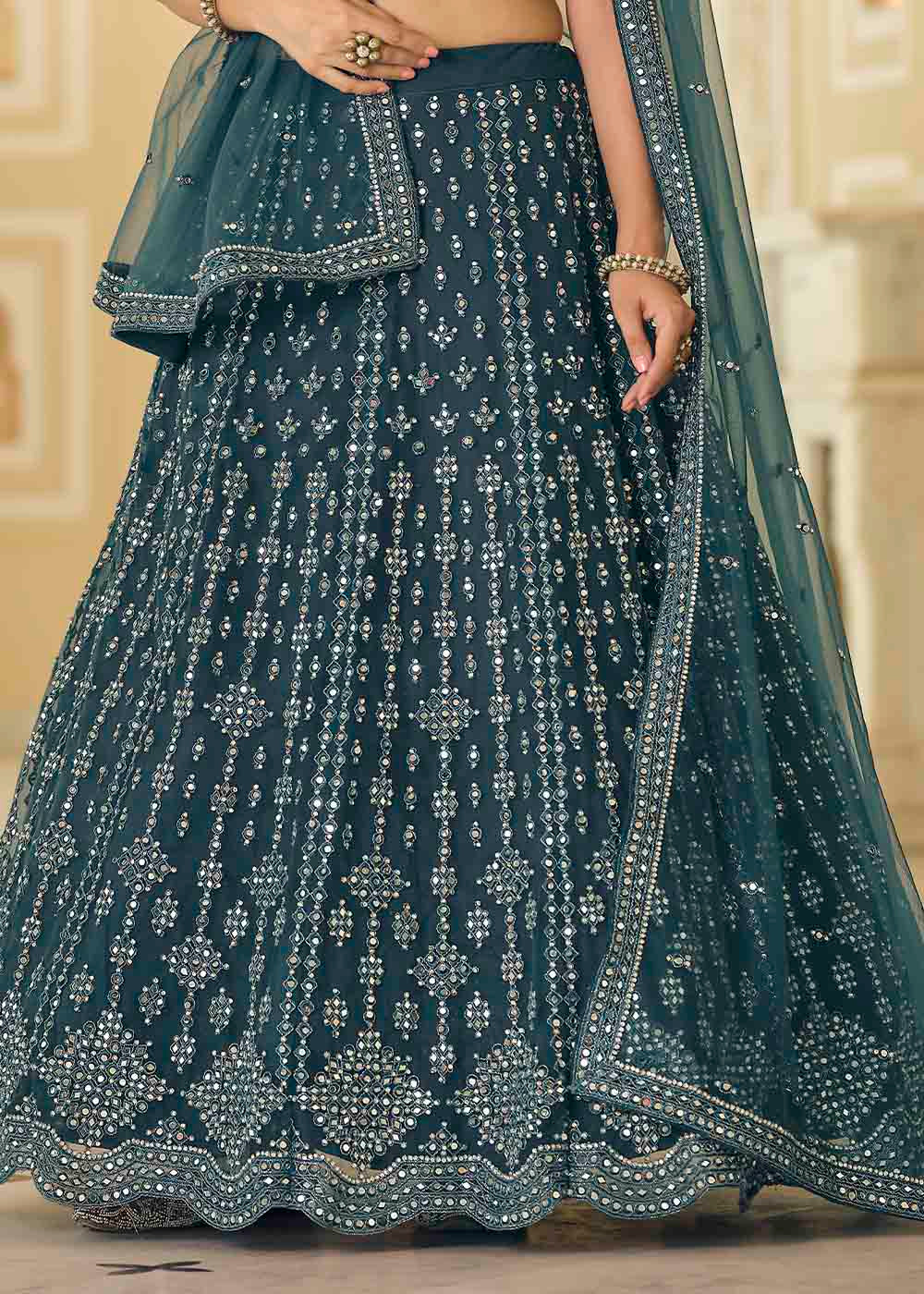 Rama Blue Soft Net Lehenga Choli with Dori & Mirror work | Ready To Wear - qivii