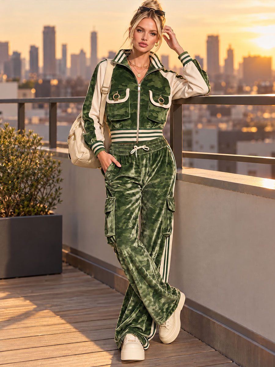 Stylish Retro Green Camouflage Velvet Print Jacket And Pants Set - By Qivii