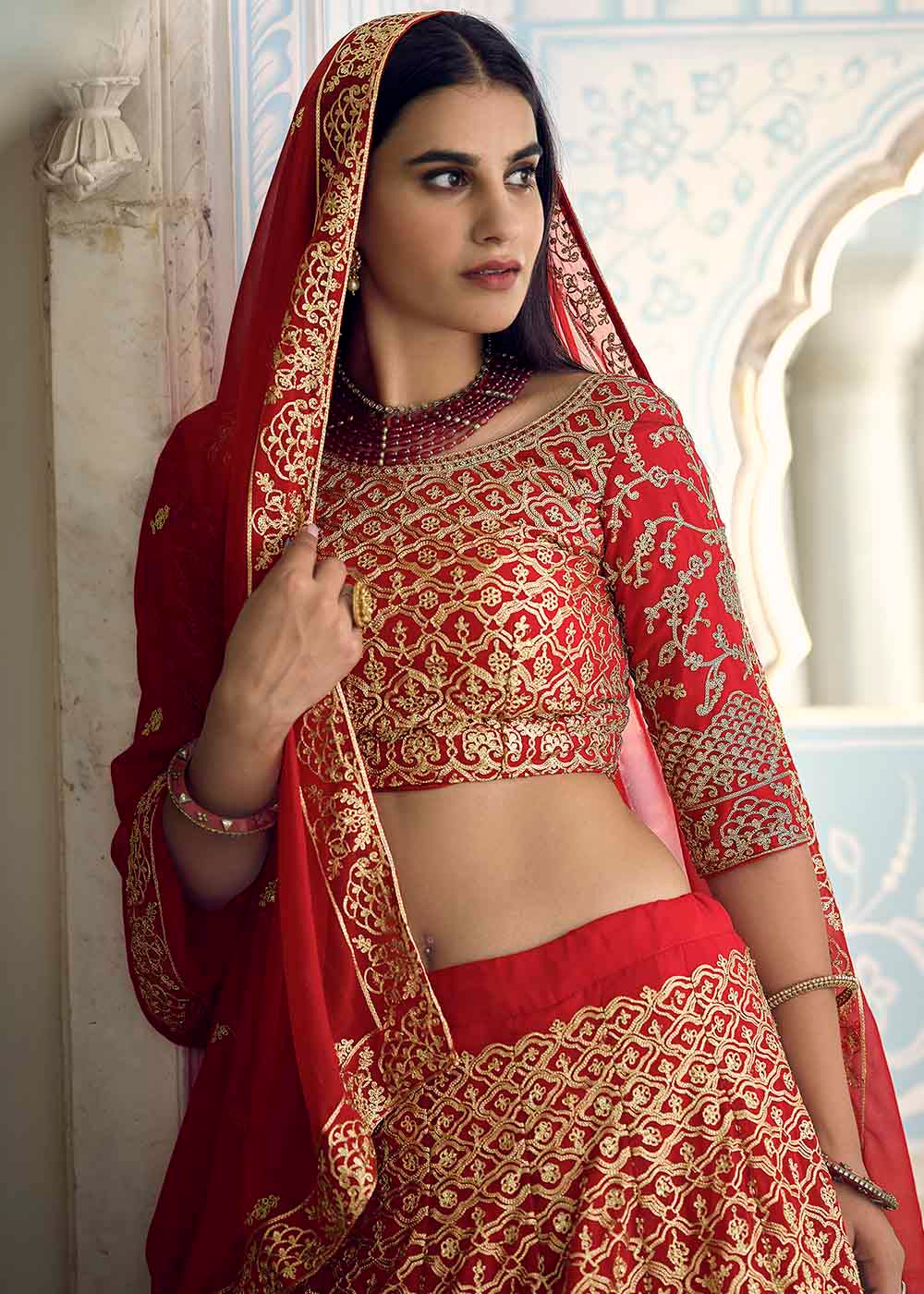 Crimson Red Georgette Lehenga Choli with Zari work | Ready To Wear - qivii