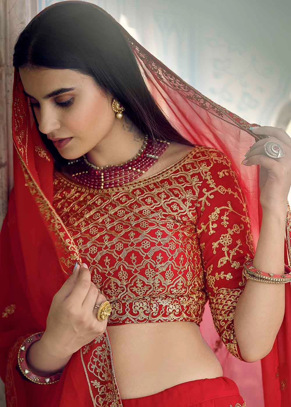 Crimson Red Georgette Lehenga Choli with Zari work | Ready To Wear - qivii