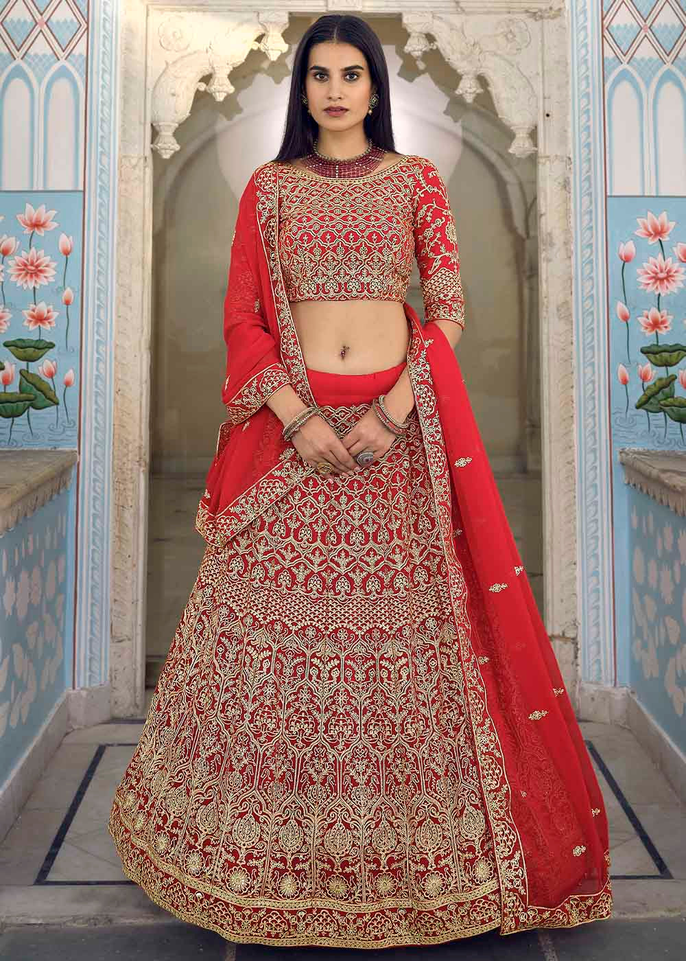 Crimson Red Georgette Lehenga Choli with Zari work | Ready To Wear - qivii
