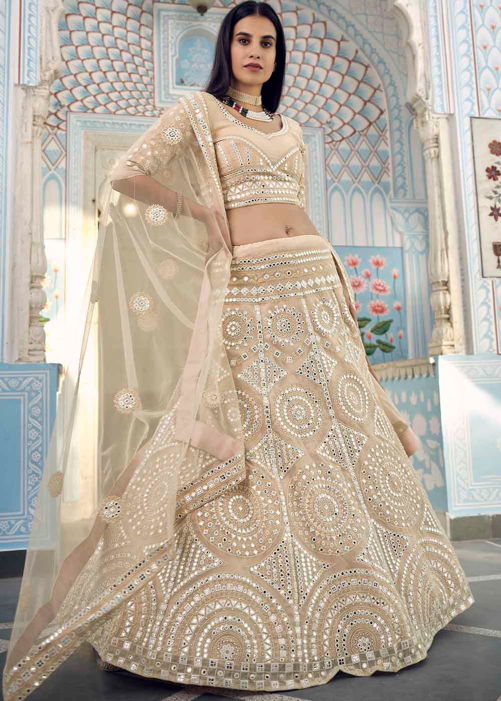 Bisque Brown Organza Lehenga Choli with Foil,Thread & Mirror work | Ready To Wear - qivii