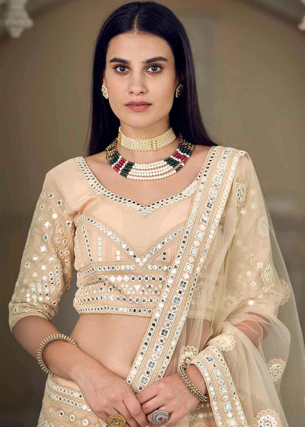 Bisque Brown Organza Lehenga Choli with Foil,Thread & Mirror work | Ready To Wear - qivii