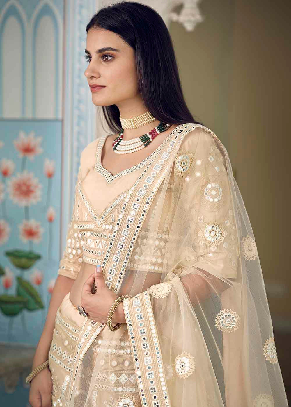 Bisque Brown Organza Lehenga Choli with Foil,Thread & Mirror work | Ready To Wear - qivii