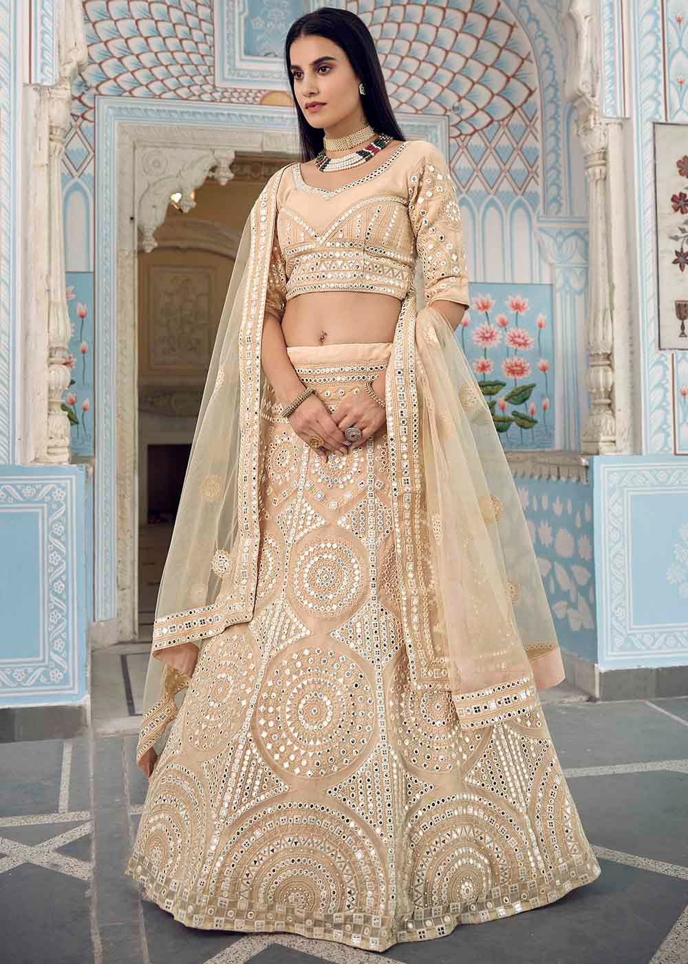 Bisque Brown Organza Lehenga Choli with Foil,Thread & Mirror work | Ready To Wear - qivii