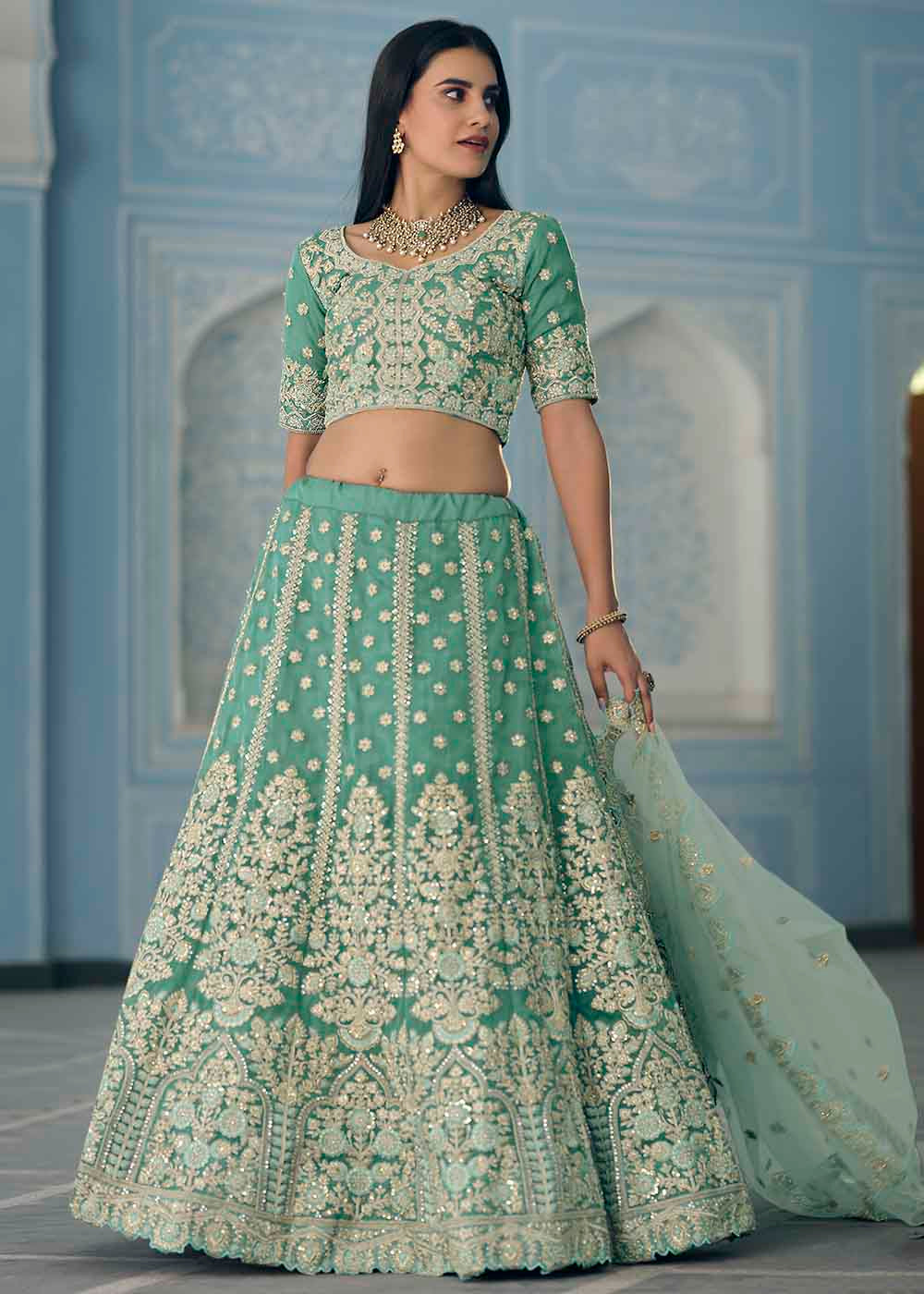 Turquoise Green Organza Lehenga Choli with Dori,Zari, Zarkan & Sequins work | Ready To Wear - qivii