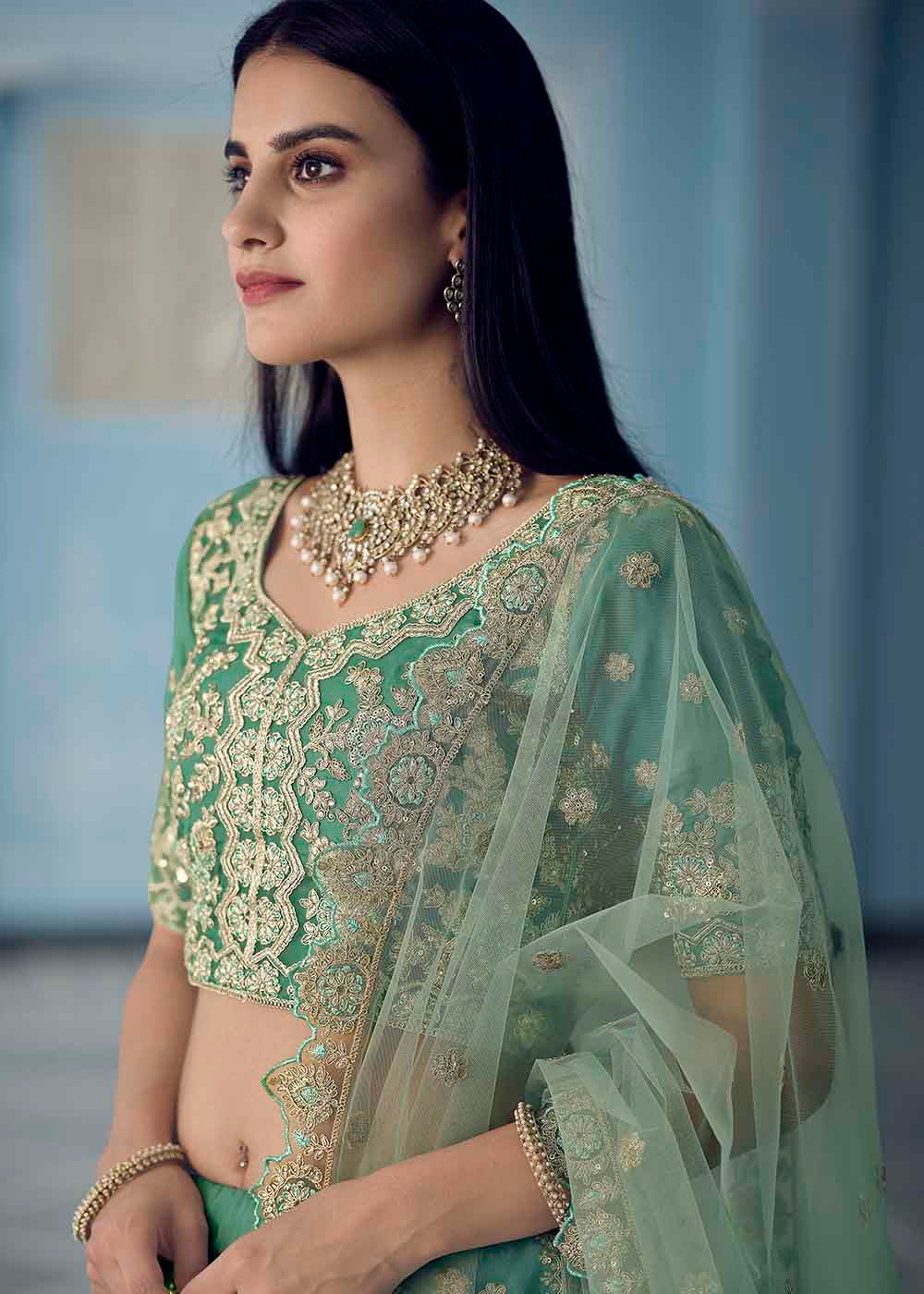 Turquoise Green Organza Lehenga Choli with Dori,Zari, Zarkan & Sequins work | Ready To Wear - qivii