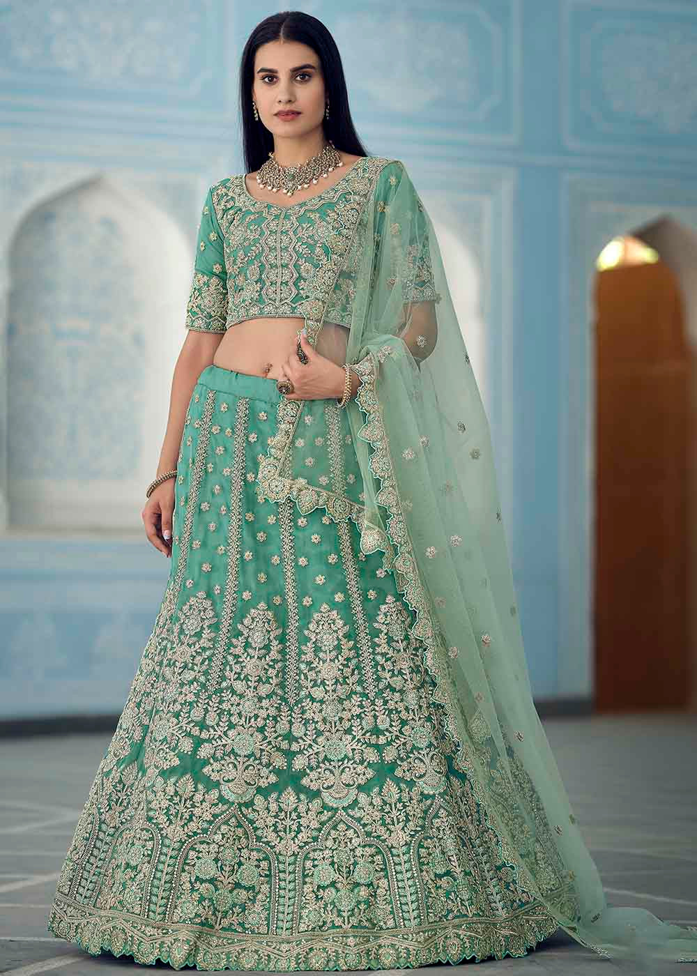 Turquoise Green Organza Lehenga Choli with Dori,Zari, Zarkan & Sequins work | Ready To Wear - qivii