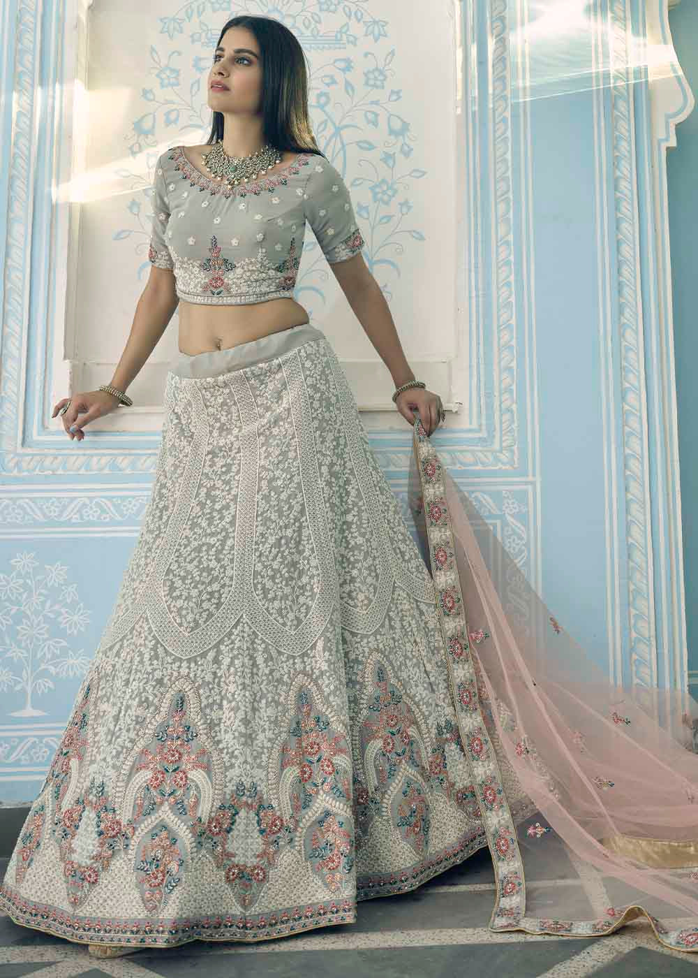 Pewter Grey Georgette Lehenga Choli with Zari,Thread & Zarkan work | Ready To Wear - qivii