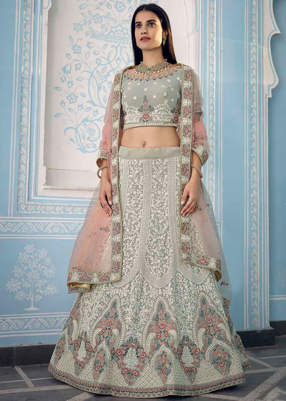 Pewter Grey Georgette Lehenga Choli with Zari,Thread & Zarkan work | Ready To Wear - qivii