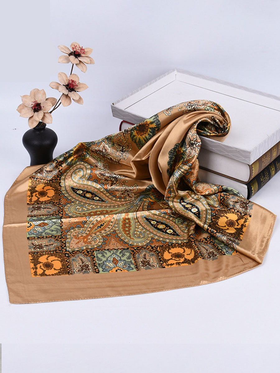 Vintage Bohemian Paisley Print Satin Square Scarf - By Qivii