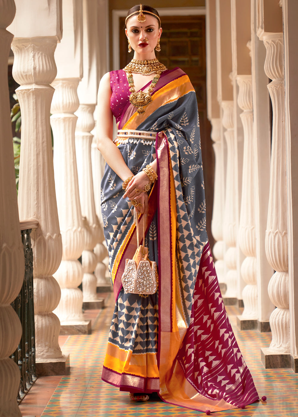 Grey & Pink Printed Patola Silk Saree - qivii