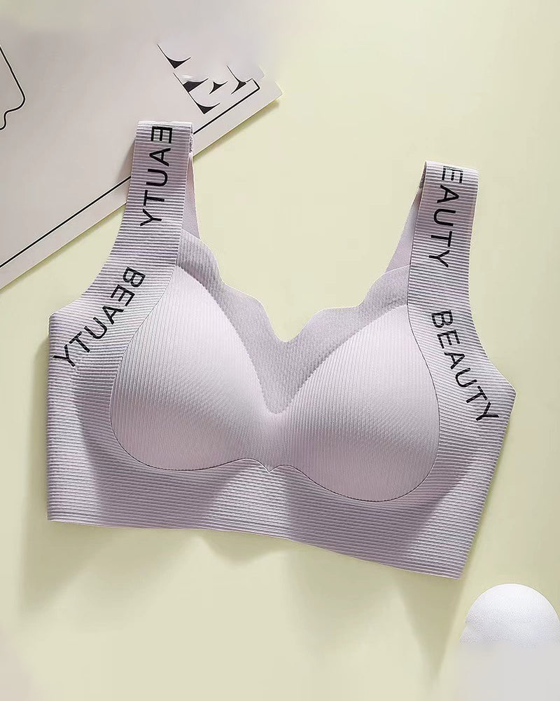 Thin Seamless Wireless Push-Up Fixed Cup Lettering Straps Bra
