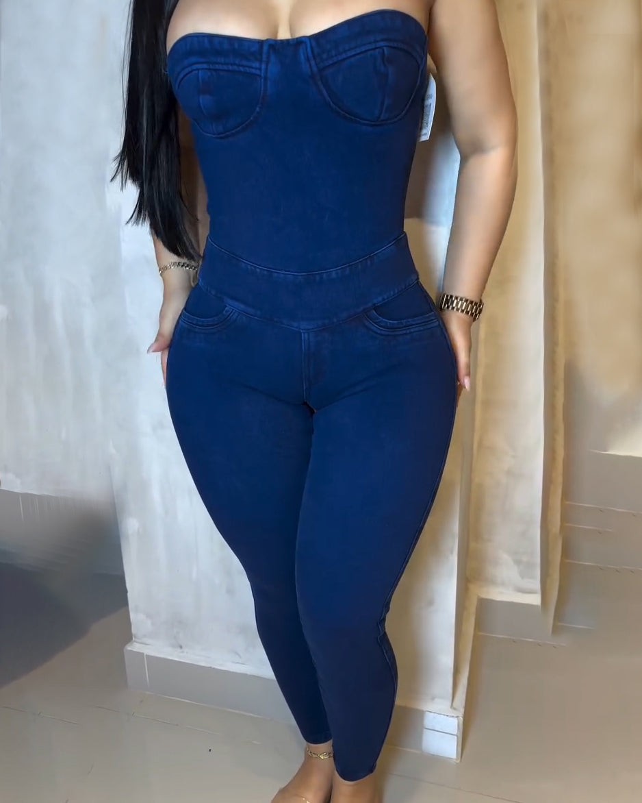 Shapshe® Bandeau Back Tie Slim Fit Denim Jumpsuit for Women - By Qivii