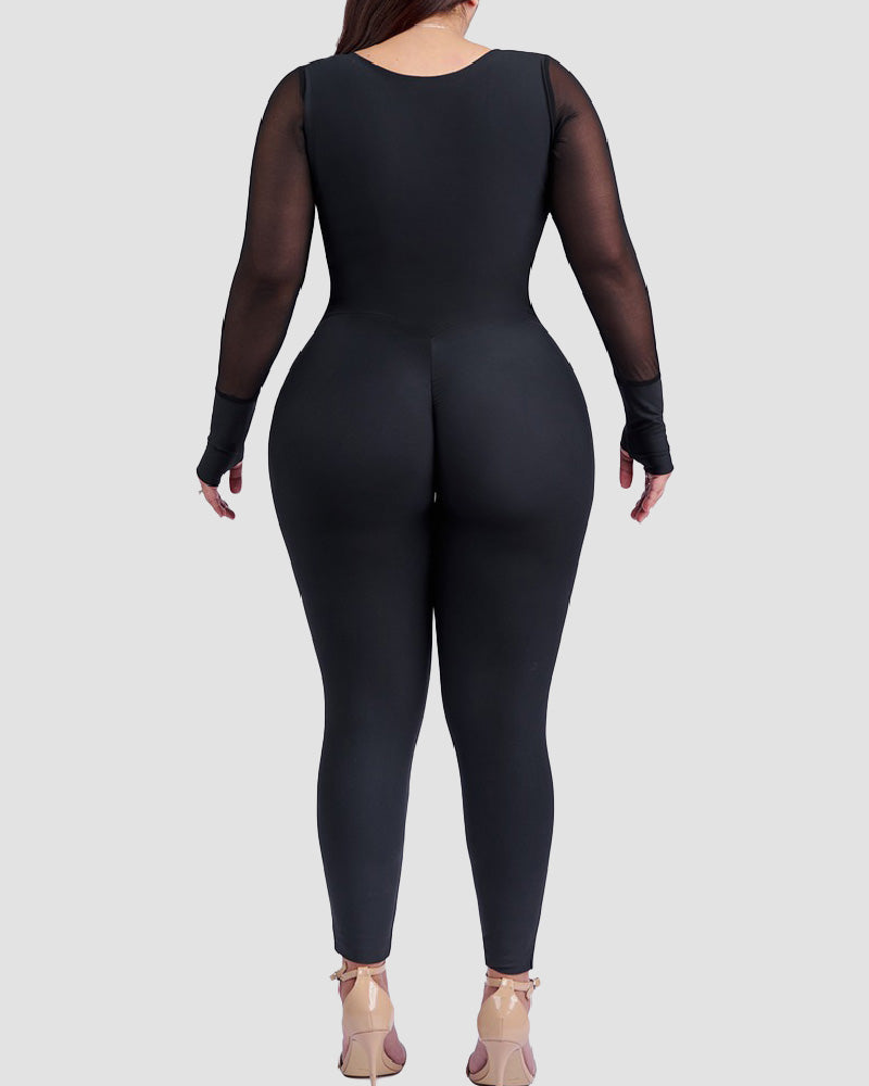 Slim Fit Stretch Full Body Shaper Long Mesh Sleeve Shapewear