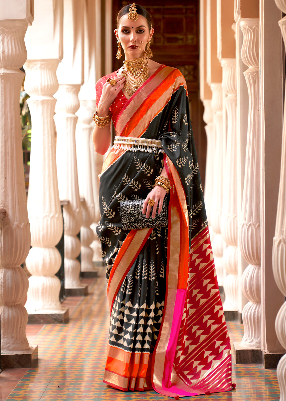 Black & Red Printed Patola Silk Saree - qivii