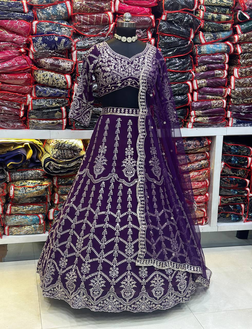 PURPLE FAUX GEORGEET WITH EMBROIDERY SEQUENCE DESIGN WORK LEHENGA - INSPIRED | Ready To Wear - qivii