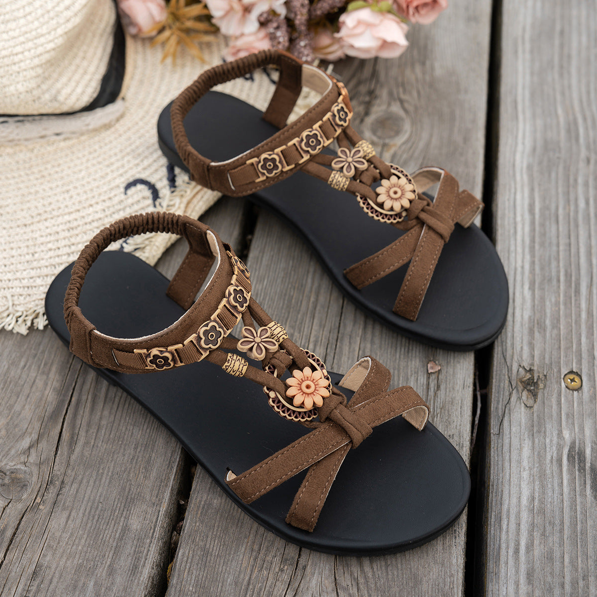 Women's Calyelle Boho Charm Sandals - Smocked Ankle Strap Flat Resort Shoes (US 5-10.5)