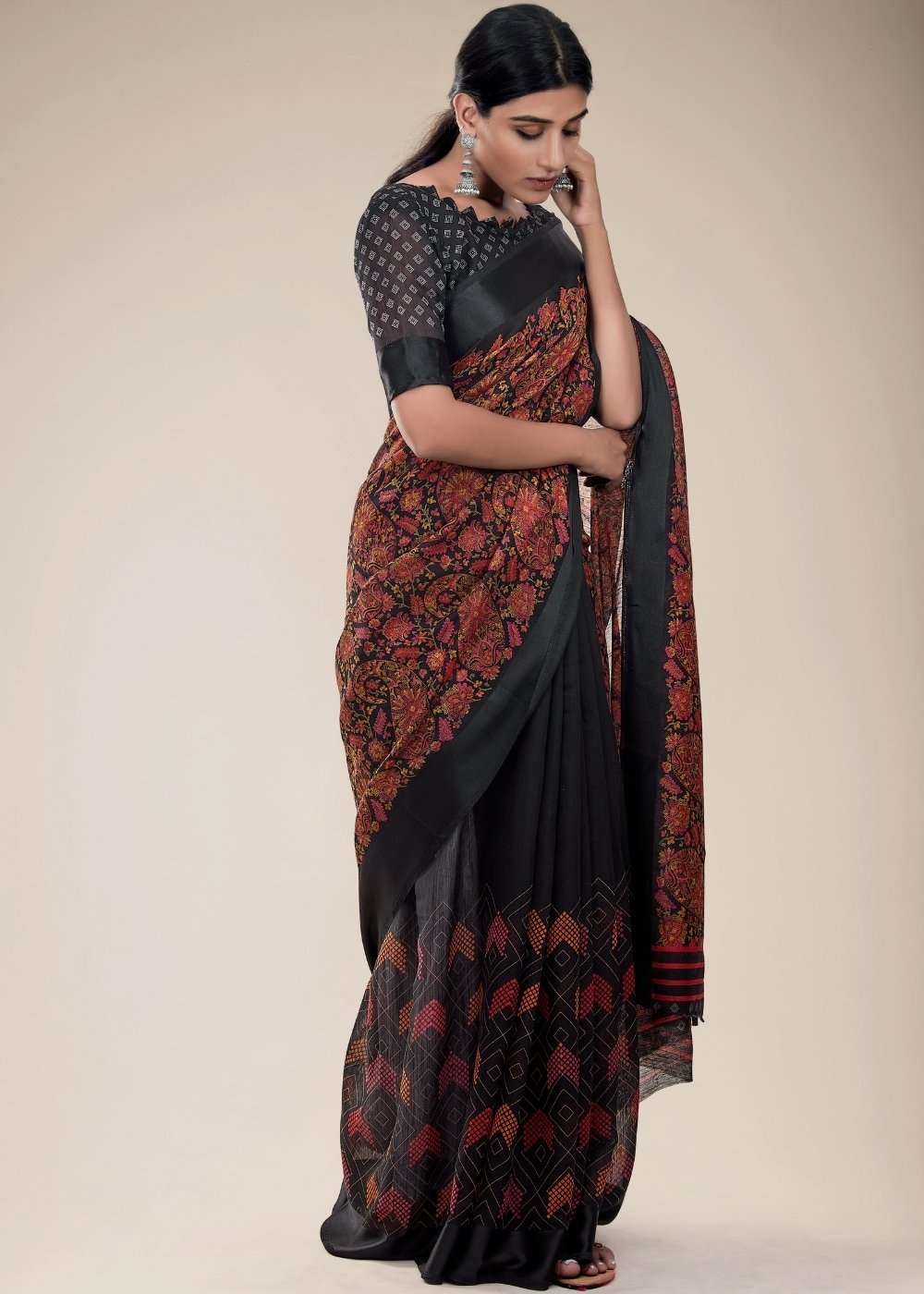 Midnight Black Designer Woven Linen Silk Saree