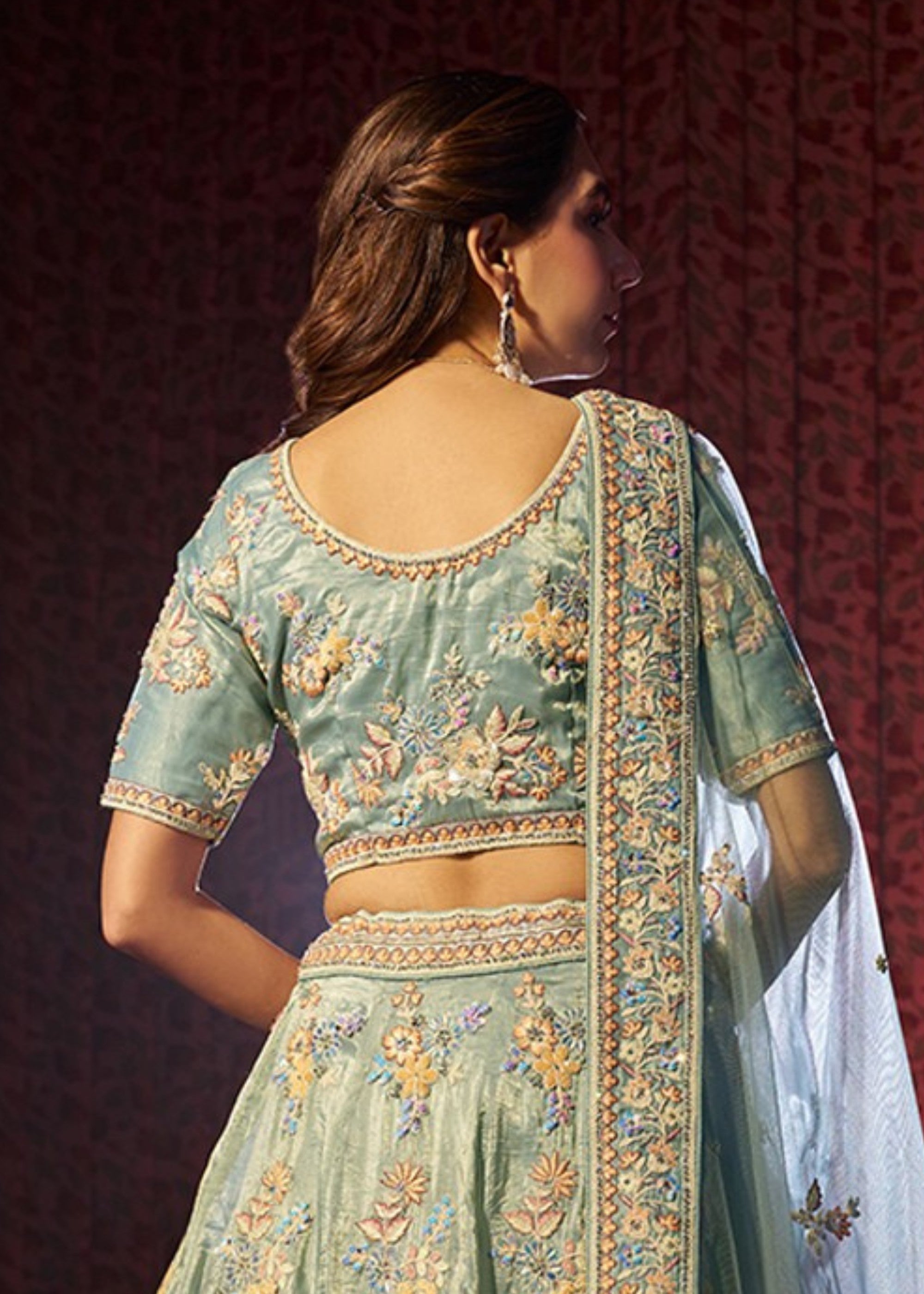 Torquise Dori Sequins Thread work Organza Lehenga | Ready To Wear - qivii