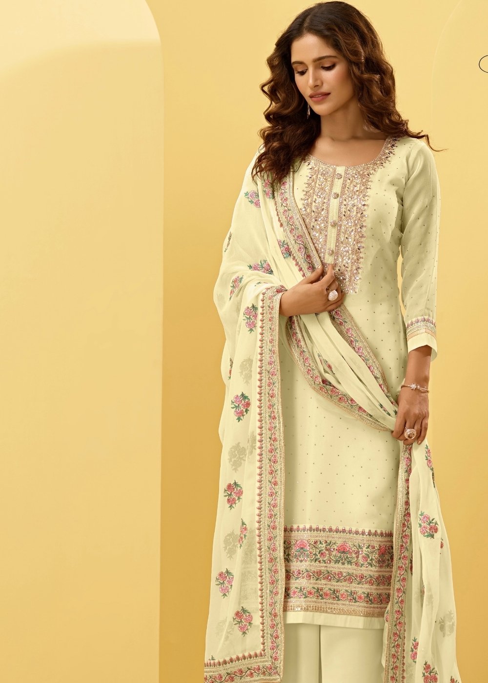 Light Yellow Georgette Salwar Suit with Thread, Zari & Cording Embroidery work - qivii