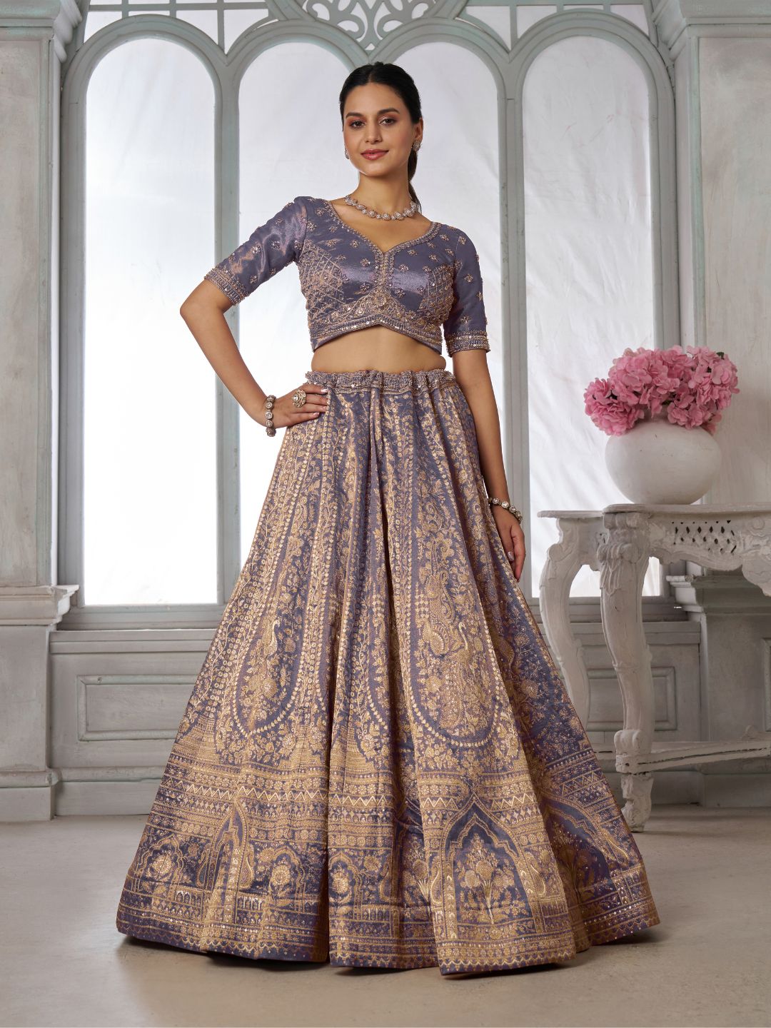 Luxurious Purple Jari Tissue Lehenga Adorned with Delicate Beadwork