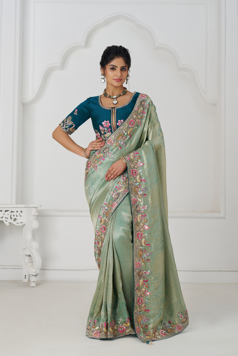 Trending Reception Green Color Saree With Multi-thread Embroidery - qivii