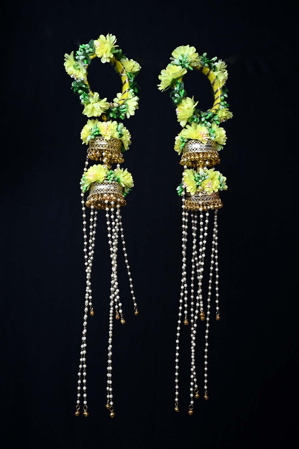 Yashwani Yellow Floral With Pearl Hanging Kalire - qivii