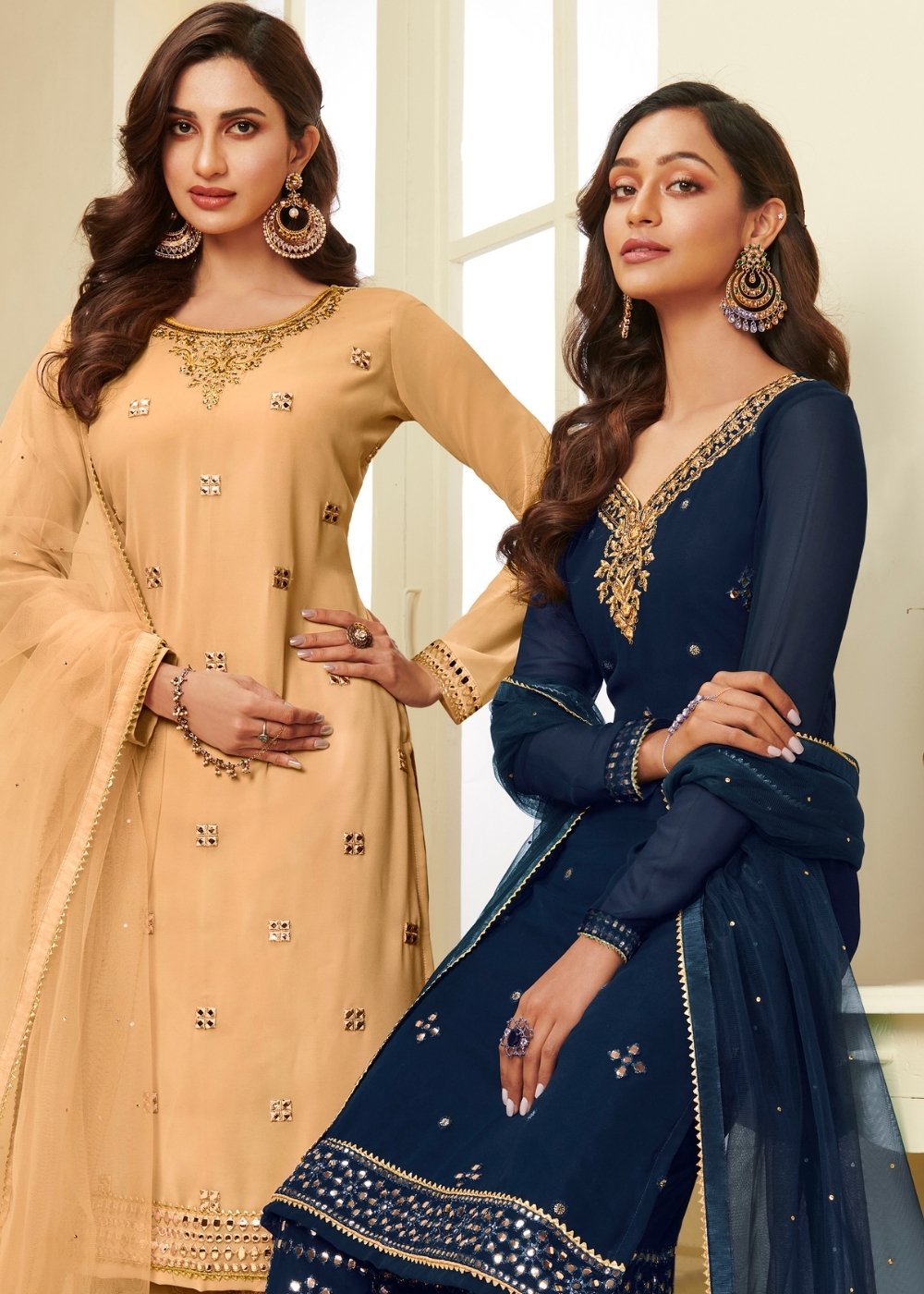 Mustard Yellow Georgette Sharara Suit with Gota work & Embroidery - qivii