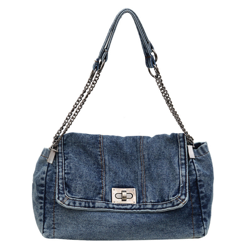 Women's Vintage Denim Tote Bag – Casual Chain Strap Shoulder Bag with Spacious Compartment Retro Commuter Essentials