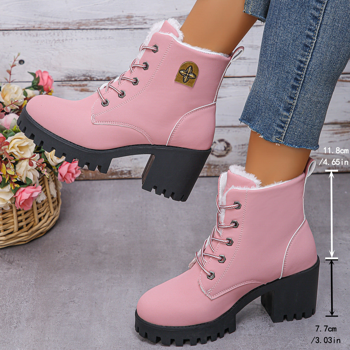 Women's Alpine Luxe Combat Boot - Chunky Sole Mid-Heel Weatherproof Ankle Boots with Faux Fur Lining & Classic Lace-Up Design (US 4-10)