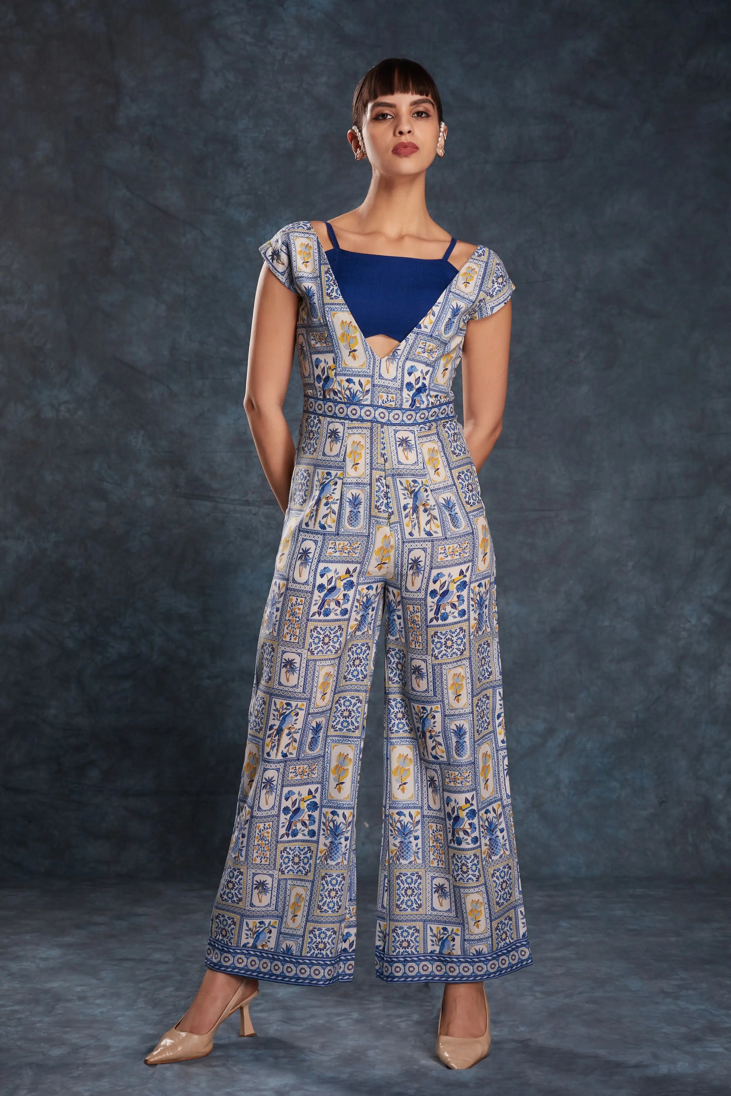 Navy Blue Printed Linen Co-ord Set - qivii