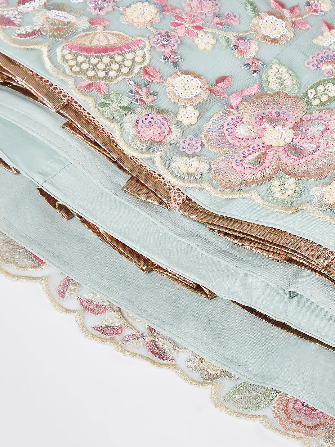 Limegreen - Multi-Sequins & Thread Work Embroidery Net Semi-Stitched Lehenga - qivii